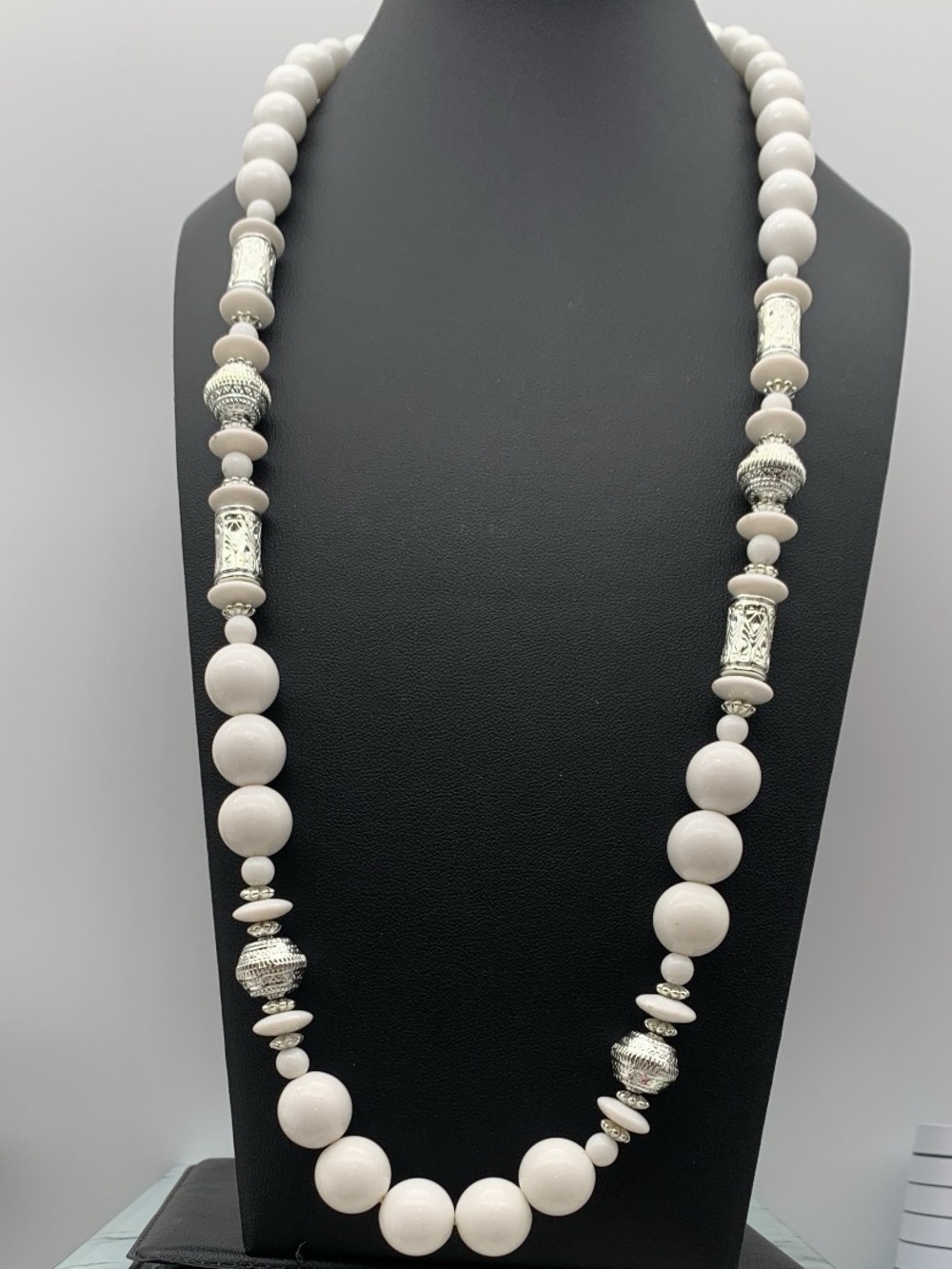 Vintage Elegant White Lucite Beaded Necklace with Silver tone Accents 26”